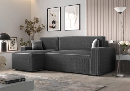 Narożnik z funkcją spania Brandon Bis szary lewostronny trójwymiarowa tkanina o wyrazistych prążkach pojemnik na pościel