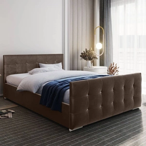 Łóżko tapicerowane Alford 140x200 jasny brąz z pojemnikiem w nowoczesnym skandynawskim stylu z pikowanym zagłówkiem oraz zanóżkiem wykończone kryształkami