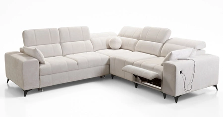 Narożnik z funkcją spania Penejos III Lux zielony prawostronny wygodny narożnik do salonu z wysuwanym podnóżkiem pojemnik na pościel