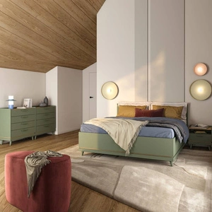 Zestaw mebli do sypialni Scandia zielony / dąb olejowany eleganckie i uniwersalne meble na wysokich nogach do sypialni pojemne szuflady