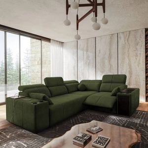 Narożnik z funkcją spania Tesalia II Lux zielony prawostronny wygodny narożnik z przesuwanym oparciem oraz wysuwanym podnóżkiem