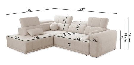 Narożnik z funkcją spania Cetara VII szary popiel lewostronny wysokiej jakości narożnik do salonu z komfortowym przesuwanym oparciem