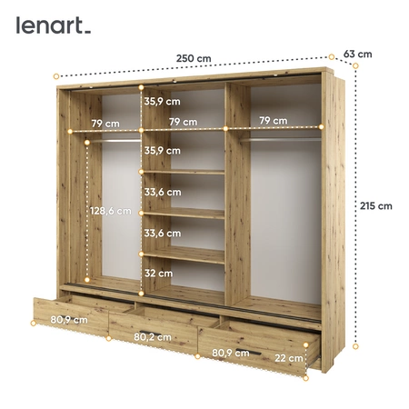 Szafa przesuwna z lustrem Arti 250 cm dąb artisan funkcjonalna szafa do przedpokoju z szufladami duże lustra podkreśla oświetlenie LED