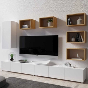 Meblościanka Apulia XXXVII biały połysk / dąb złoty wyjątkowo stylowa meblościanka proste bryły wpisujące się w każde wnętrze