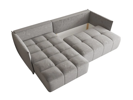 Narożnik z funkcją spania Oroso jasny szary lewostronny miękka tkanina typu velvet z powłoką hydrofobową pojemnik na pościel