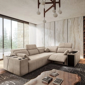Narożnik z funkcją spania Tesalia II Lux beżowy prawostronny wygodny narożnik z przesuwanym oparciem oraz wysuwanym podnóżkiem