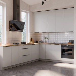 Zestaw mebli kuchennych narożny Corato Wh 290x230 cm stylowe szafki kuchenne z frontami wykonanymi w technologii anti fingerprint