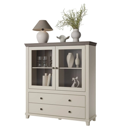 Komoda wysoka Evora 126 cm beżowa / dąb dunin zachwyci miłośników wyrazistych wnętrz idealna do salonu lub jadalni