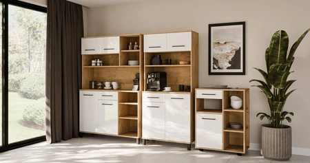 Kredens kuchenny Vento 119 cm dąb lancelot / biały połysk bufet do kuchni doskonały do aranżacji małego aneksu kuchennego w mieszkaniu