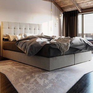 Łóżko kontynentalne Widnes 140x200 beżowy w nowoczesnym skandynawskim stylu z charakterystycznym wezgłowiem