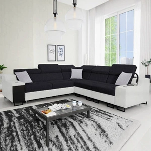 Narożnik z funkcją spania Alcamo III czarny / biały prawostronny funkcjonalny narożnik z szufladą w boczku dwa pojemniki na pościel