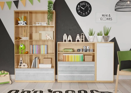 Komoda z szufladami Plano 125 cm dąb nash / biały / beton modna komoda idealna do pokoju młodzieżowego lub pokoju dziecka