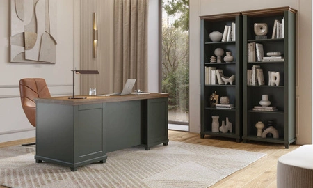 Biurko z szufladami Evora 140 cm butelkowa zieleń / dąb lefkas elegancka stylistyka zachwyci miłośników wyrazistych wnętrz do gabinetu lub biura