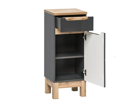 Zestaw mebli łazienkowych Bali szary połysk / dąb wotan nowoczesne szafki do łazienki stylowe frezowane uchwyty stabilna podstawa