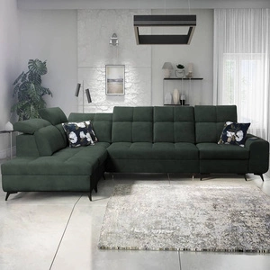 Narożnik z funkcją spania Buffalo XI zielony lewostronny stylowy narożnik rozkładany z trzema pojemnikami na pościel welurowa tkanina