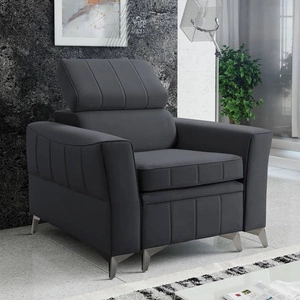 Fotel Rava grafitowy praktyczny i komfortowy fotel do salonu z regulowanym zagłówkiem oraz pojemnikiem miękka tkanina typu velvet