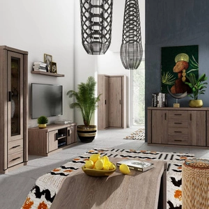 Zestaw mebli do salonu Dallas dąb truflowy / czarny elegancka stylistyka mebli wzbogacona o stylowe czarne dodatki oryginalny kształt