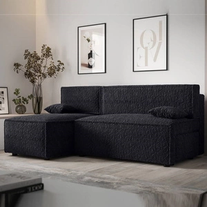 Narożnik z funkcją spania Brandon czarny lewostronny miękka tkanina o charakterystycznej pętelkowej powierzchni pojemnik na pościel