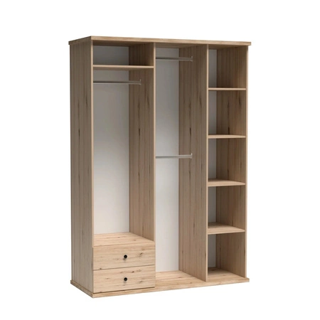 Szafa z lustrem Cali 150 cm dąb artisan / czarny drzwi szafy ozdobione lamelami w kolorze dębu czarne uchwyty szafa z szufladami