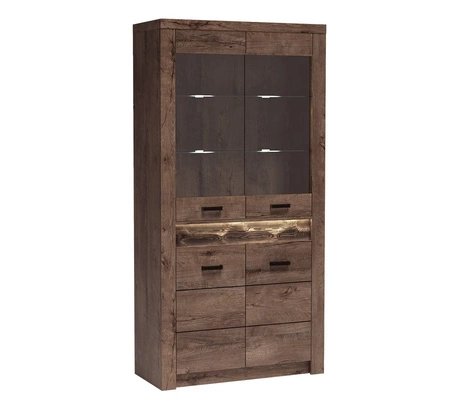 Witryna Indiana 96 cm jesion ciemny stylowa witryna do salonu elementy z bezpiecznego szkła ozdobna deska na froncie witryny