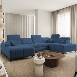 Narożnik z funkcją spania Penejos VI niebieski lewostronny stylowy narożnik rozkładany z dwoma pojemnikami na pościel trwała tkanina