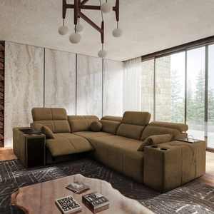 Narożnik z funkcją spania Tesalia II Lux brązowy lewostronny wygodny narożnik z przesuwanym oparciem oraz wysuwanym podnóżkiem