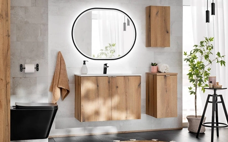 Szafka pod umywalkę Nova 60 cm dąb coast evoke designerska szafka do łazienki z półką metalowe uchwyty krawędziowe w kolorze chromu