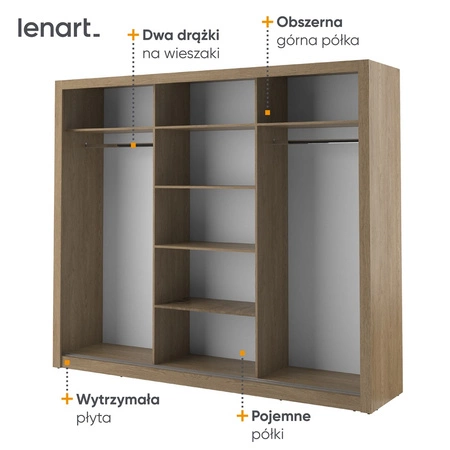 Szafa przesuwna z lustrem Arti 250 cm dąb shetland pojemna szafa do sypialni lub przedpokoju drzwi szafy wykończone dużymi lustrami