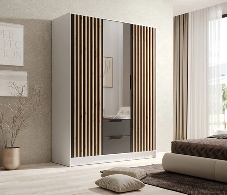 Szafa z lustrem Neri 150 cm biały / czarny stylowe lamele zdobiące drzwi szafy pojemne szuflady uchwyty krawędziowe