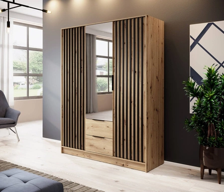 Szafa z lustrem Aspen 155 cm dąb artisan / czarne lamele nowoczesny design mebla drzwi szafy ozdobione lamelami