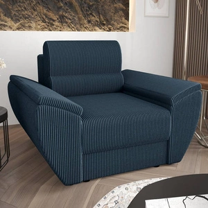 Fotel Fogu niebieski nowoczesny design wygodny fotel do salonu sztruksowa tkanina o wyrazistych prążkach szerokie podłokietniki