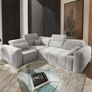 Narożnik z funkcją spania Cetara II szary popiel lewostronny stylowy design przesuwane oparcia regulowane zagłówki i pojemnik na pościel