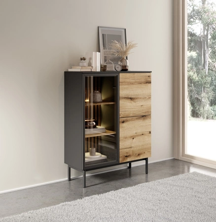 Witryna niska Clovis 100 cm czarny / dąb evoke doskonała witryna do salonu lub jadalni wnętrze mebla ozdobione dekoracyjnymi lamelami