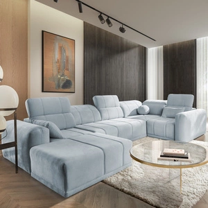 Narożnik z funkcją spania Cetara IV błękitny lewostronny stylowy design narożnika z przesuwanymi oparciami dwa pojemniki na pościel