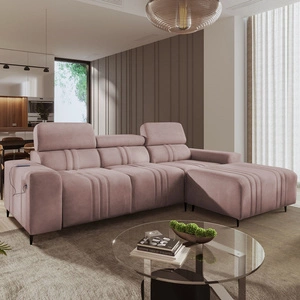 Narożnik z funkcją spania Castel różowy prawostronny komfortowy i stylowy narożnik rozkładany z pojemnikiem na pościel