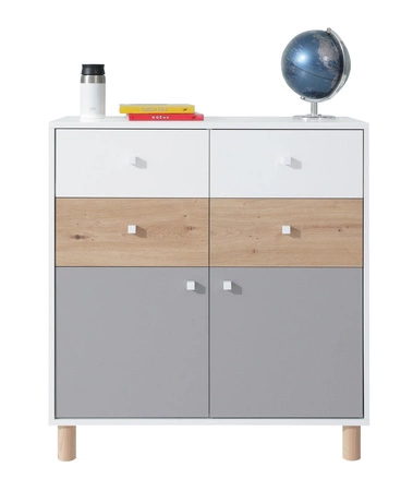 Komoda z szufladami Beja 85 cm biała / dąb artisan / szara idealna do pokoju młodzieżowego funkcjonalna i pojemna
