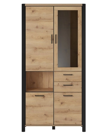 Witryna Aktiv 100 cm dąb taurus / czarny stylowy design bezpieczne szkło hartowane witryna z szufladą w stylu industrialnym