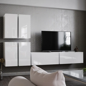 Meblościanka Malaga biały połysk ergonomiczna i funkcjonalna inspirowana geometrią optycznie powiększy wnętrze do powieszenia na ścianie