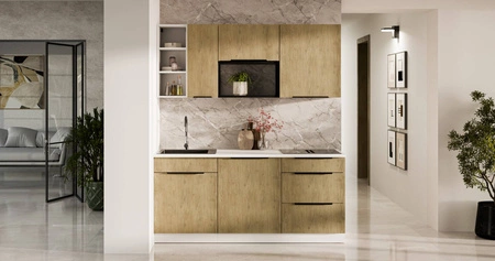 Zestaw mebli kuchennych Cremona 180 cm eleganckie szafki kuchenne o subtelnej i naturalnej kolorystyce idealny zestaw do małej kuchni