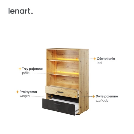 Regał Qubic 90 cm dąb artisan / raw steel designerski i stylowy regał z oświetleniem i pojemnymi szufladami oryginalna kolorystyka