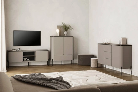 Zestaw mebli do salonu Belle ciemny beżowy stylowe meble o zaokrąglonym kształcie system otwierania push to open metalowe czarne nogi