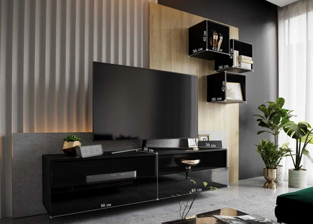 Meblościanka Nero biała / biały połysk nowoczesna meblościanka do salonu praktyczny system otwierania szuflad push to open