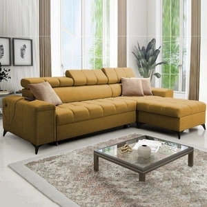 Narożnik z funkcją spania Bolmso musztardowy prawostronny narożnik z dwoma pojemnikami na pościel praktyczna szuflada w boczku mebla