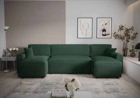 Narożnik z funkcją spania Brandon U Bis zielony pojemnik na pościel trójwymiarowa tkanina o wyrazistych prążkach miękkie podłokietniki