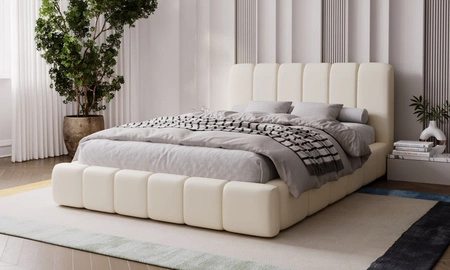 Łóżko tapicerowane Malmi 180x200 beżowe stylowe łóżko z pojemnikiem na pościel wygodny zagłówek zachwyca eleganckim designem