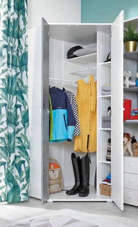 Szafa narożna Epsilon biała / beton idealna do pokoju młodzieżowego funkcjonalna i pojemna oryginalna kolorystyka