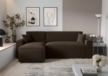 Narożnik z funkcją spania Brandon Bis brązowy lewostronny miękka tkanina o charakterystycznej pętelkowej powierzchni pojemnik na pościel