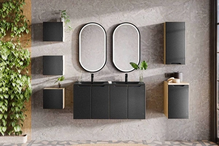 Zestaw mebli łazienkowych Luxor dąb olejowany / czarny designerskie szafki łazienkowe oryginalne trójwymiarowe ryflowania na frontach