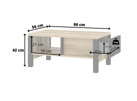 Stolik kawowy Olin appenzeller / czarny wytrzymały odporny blat nowoczesny i elegancki design stolik z pojemną szufladą oraz dodatkową półką