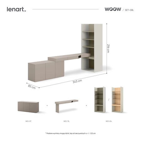Zestaw mebli Woow clay grey / szampański / eukaliptus lewy stylowy zestaw mebli młodzieżowych o nowoczesnym i praktycznym designie